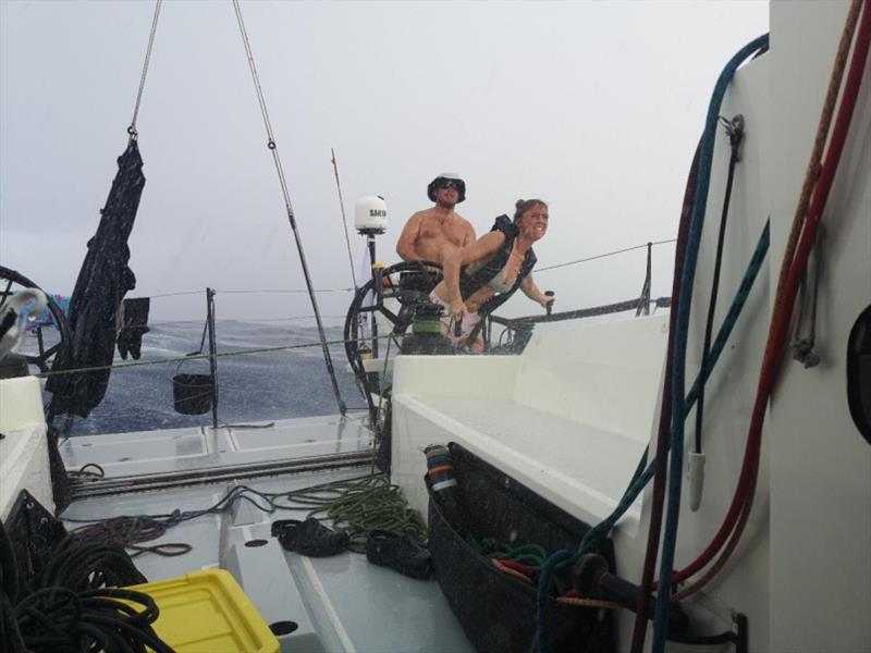 Skipper Andy Lis at the helm of Pata Negra, with Amy Seabright on kite trim - using an uber Atlantic squall to maximise performance photo copyright Pata Negra Blog taken at Royal Ocean Racing Club and featuring the IRC class