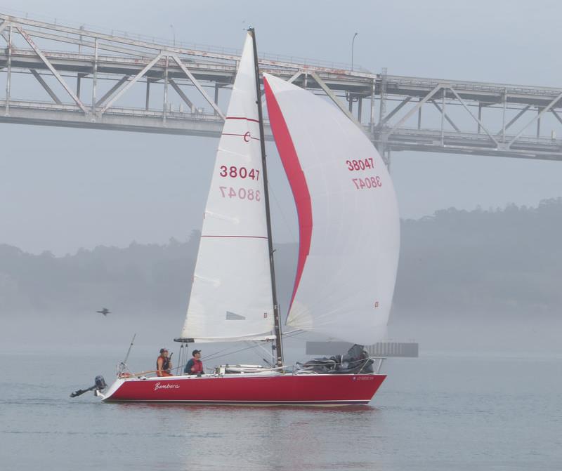 Rebecca Hinden and Zac Judkins on their way to Fourth Place in the monohull fleet - 2020 Three Bridge Fiasco  photo copyright Susan Burden taken at Golden Gate Yacht Club and featuring the IRC class