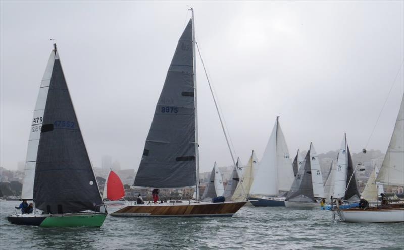 A mob of Moore 24s rolls over Latitude 38 head honcho John Arndt (sail number 142) while Lois Lane awaits her start - 2020 Three Bridge Fiasco  - photo © Susan Burden