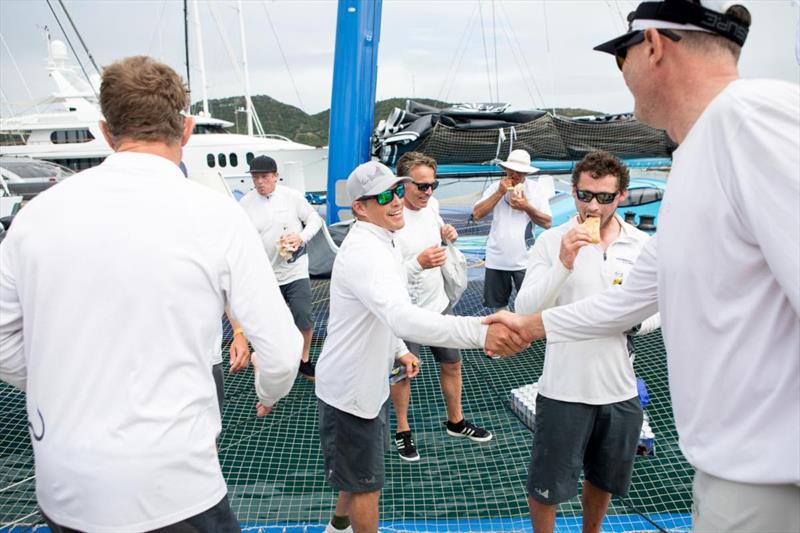 Camaraderie between the teams as team Argo shake hands with their friends and competitors on PowerPlay and congratulate them on their victory in the 2020 RORC Caribbean 600 photo copyright Arthur Daniel / RORC taken at Royal Ocean Racing Club and featuring the IRC class