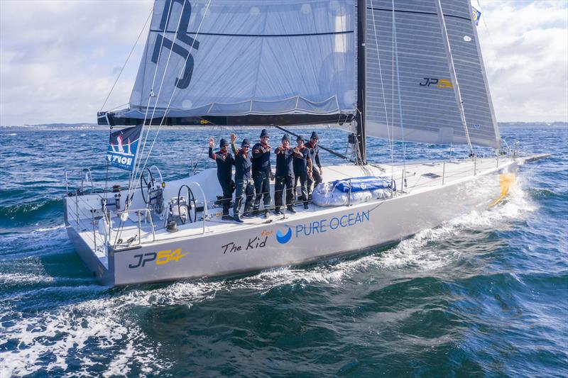 JP Dick's self-designed JP54 at the finishing line of the 2020 Route Saint-Pierre Lorient Pure Ocean Challenge  - photo © Image courtesy of the 2020 Route Saint-Pierre Lorient Pure Ocean Challenge