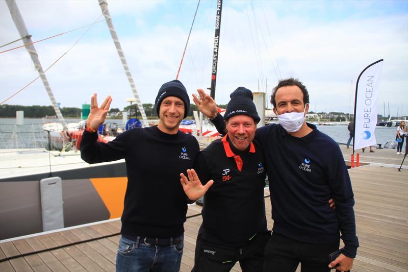 David Sussmann, centerm upon arriving in Lorient, France, after his first Atlantic crossing aboard JP DIck's JP54, The Kid, in the 2020 Route Saint-Pierre Lorient Pure Ocean Challenge  photo copyright 2020 Route Saint-Pierre Lorient Pure Ocean Challenge taken at Yacht Club de France and featuring the IRC class