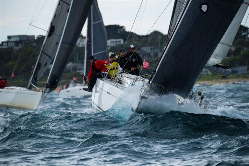 Extasea skippered by Paul Buchholz leads the fleet towards Port Phillip Heads in the ORCV Melbourne to Devonport Rudder Cup photo copyright Michael Currie taken at Ocean Racing Club of Victoria and featuring the IRC class