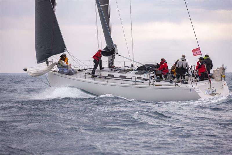 Patriot preparing to launch a spinnaker under grey skies - Rudder Cup - Melbourne to Devonport Yacht Race 2020 photo copyright Steb Fisher taken at Ocean Racing Club of Victoria and featuring the IRC class