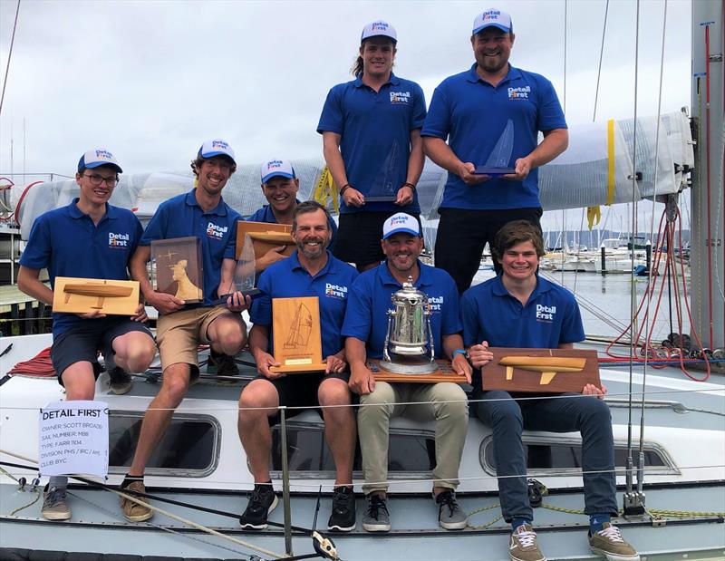 Detail First skipper Scott Broadby, and crew at today's prize giving presentation at the Derwent Sailing Squadron in Hobart.  L to R: Tom Males, Callum Hollingsworth, James Butler, John Ryan, Will Sargent and Brian Corcoran, Scott Broadby and Max Cottier photo copyright Jane Austin taken at Derwent Sailing Squadron and featuring the IRC class