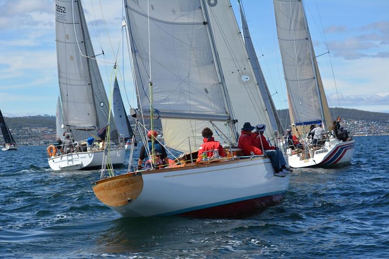 L to R Moonshadow (Anthony Ellis) Serica (Charles Peacock) and Rumbeat (Justin Barr) cross the start line in Race 8 of the Combined Clubs Summer Pennant Series photo copyright Colleen Darcey taken at Derwent Sailing Squadron and featuring the IRC class