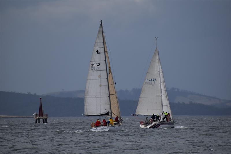Rumbeat (Justin Barr) leads Moonshadow (Anthony Ellis) in Division 3 - Combined Clubs Summer Pennant 2020-21  photo copyright Jane Austin taken at Royal Yacht Club of Tasmania and featuring the IRC class