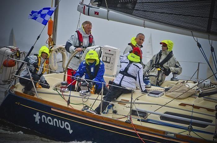 Skipper Glenn Doncaster, at wheel, steers Nanuq through heavy air and rain showers at the start of the 2017 Annapolis-to-Newport Race. The North Carolina native uses the Down the Bay Race as preparation for A2N photo copyright Sara Proctor taken at Hampton Yacht Club and featuring the IRC class