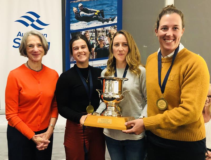 Her Excellency Professor the Honourable Kate Warner, AC, Governor of Tasmania presents the Women's Keelboat Tropy to Amy Potter, Kirsty Salter and Amelia Catt (Absent Lizzi Rountree) - 2021 Combined Clubs Women's Keelboat Regatta photo copyright Jane Austin taken at Derwent Sailing Squadron and featuring the IRC class