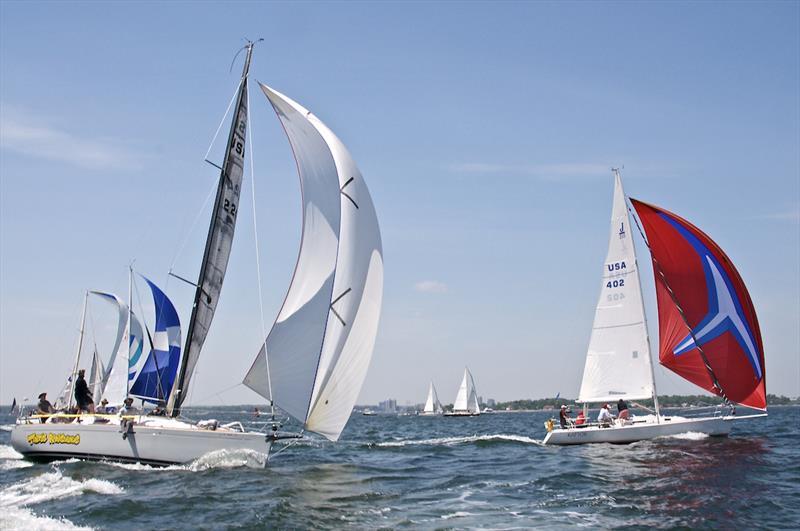 That's Ridiculous and Raptor engage in an A-sail drag race during the 2019 Block Island Race photo copyright 2021, Courtesy of Storm Trysail Club & Rick Bannerot, Ontheflyphoto.net taken at Storm Trysail Club and featuring the IRC class