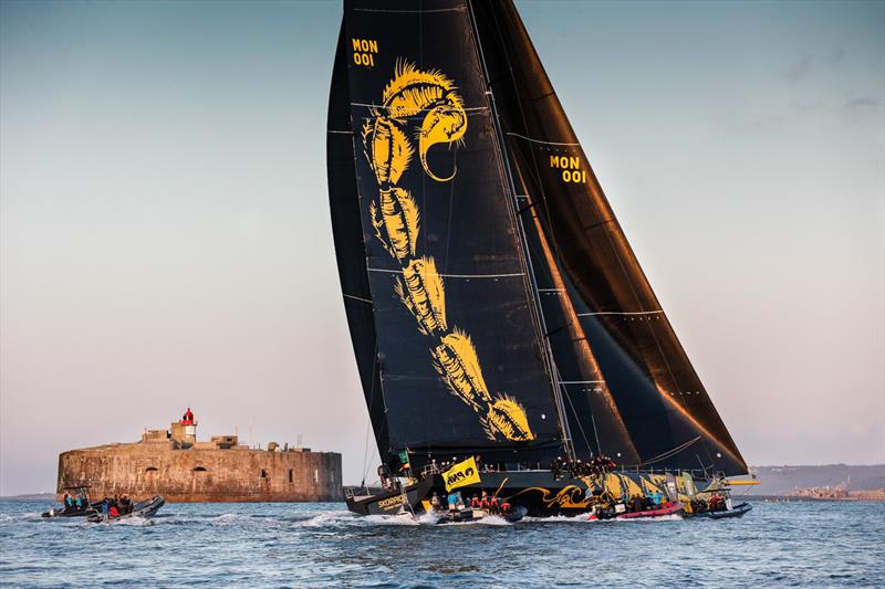 Skorpios completes the 695nm Rolex Fastnet Race on the finish line off Fort De L'Ouest, Cherbourg - photo © Paul Wyeth / pwpictures.com