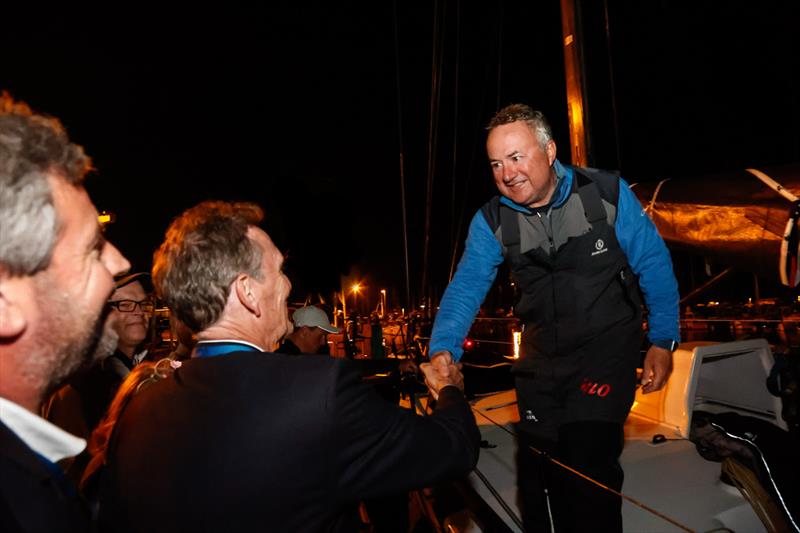 RORC CEO Jeremy Wilton and Race Director, Chris Stone congratulate RORC Commodore, James Neville and the Ino XXX crew - 2021 Rolex Fastnet Race - photo © Paul Wyeth / www.pwpictures.com