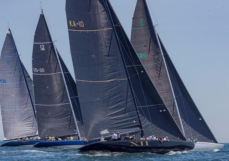 Jack LeFort’s Challenge XII (KA-10), a competitor in upcoming 12 Metre North American Championship, is shown here at 2019 12 Metre World Championship, which she won. In the background are Courageous  (US-26) ; Freedom (US-30); and Victory ’83 (K-22) photo copyright Daniel Forster taken at Ida Lewis Yacht Club and featuring the IRC class