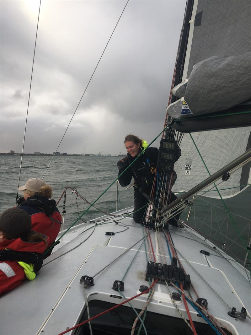 Rain Forbes at home on the foredeck of Vertigo photo copyright Yacht Vertigo taken at Ocean Racing Club of Victoria and featuring the IRC class