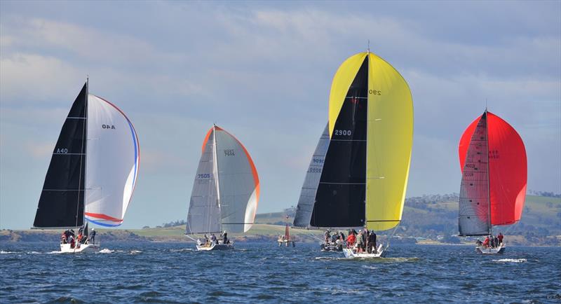 Intrigue, Heatwave, Quest, Joint Custody & Guilty Pleasures run down the river under spinnaker soon after the start photo copyright Colleen Darcey taken at Derwent Sailing Squadron and featuring the IRC class