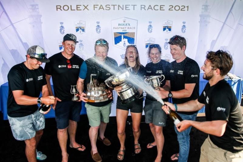 Tom Kneen and crew on his JPK 11.80 Sunrise - jubilant after winning the Fastnet Challenge Cup in the 2021 Rolex Fastnet Race photo copyright Paul Wyeth / pwpictures.com taken at Royal Ocean Racing Club and featuring the IRC class