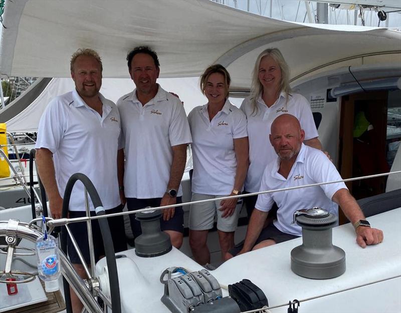 Solera owner Stuart Richardson, Brenton Carnell, Danielle Carroll, Jen Carnell and Jason Boyle (seated) on Solera - photo © Di Pearson