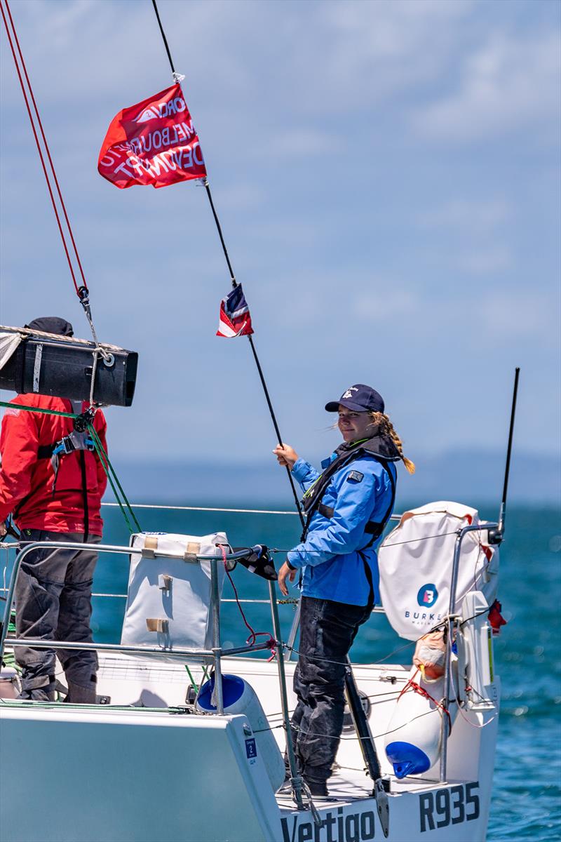 Vertigo crew Rain Forbes is learning to sail like a cat - Melbourne to Devonport race photo copyright Michael Currie taken at Ocean Racing Club of Victoria and featuring the IRC class