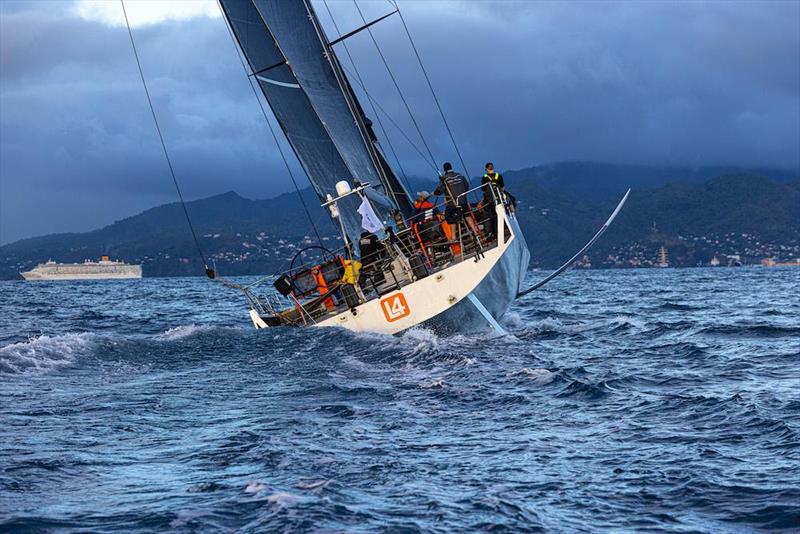 Volvo 70 L4 Trifork - makes her way into Port Louis Marina, Grenada after crossing the finish line - RORC Transatlantic Race photo copyright Arthur Daniel / RORC taken at Royal Ocean Racing Club and featuring the IRC class