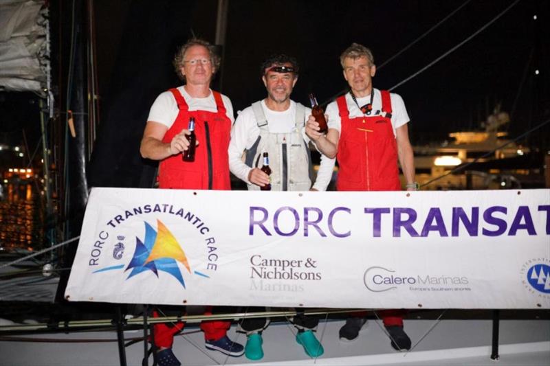 Richard Tolkien's Open 60 Rosalba (GBR) finished the race in an elapsed time of 13 days 21 hrs 5 ins 37 secs. Rosalba was racing with just three crew, Richard Tolkien (far right), Frank Sturm and Neil Brewer  - photo © Arthur Daniel / RORC