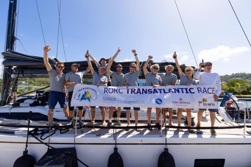 Celebrating dockside with a cold beer - Mylius60 Lady First 3 team from YC de France. Crew: Robin Caillol, Jean Pierre Dreau, Gilles Fournier,Olivier Gimmig,Jean Paul Mouren,Patrick Joly,Xavier Macaire,Sebastien Mathieu,Corinne Migraine, Christopher Pratt - photo © Arthur Daniel / RORC