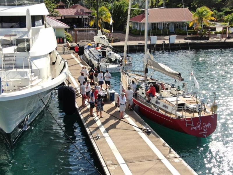 Fellow competitors and the RORC Race and Media Team gather to congratulate Scarlet Oyster. All yachts in the RORC Transatlantic Race receive a great welcome on the dock in Camper & Nicholsons Port Louis Marina, Grenada photo copyright Andrew Richards / Pictures of Grenada taken at Royal Ocean Racing Club and featuring the IRC class