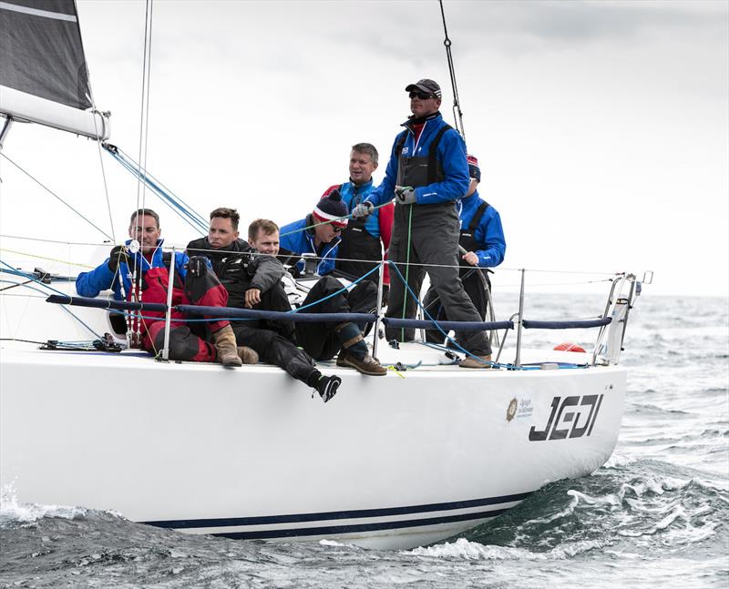 Crosshaven, Co. Cork, 17 July 2018:Jedi skippered by Tanaiste and Minister for Foreign Affairs Simon Coveney (standing centre-right) during the Beaufort Cup at Volvo Cork Week 2018 organised by the Royal Cork Yacht Club photo copyright David Branigan / Oceansport taken at Royal Cork Yacht Club and featuring the IRC class