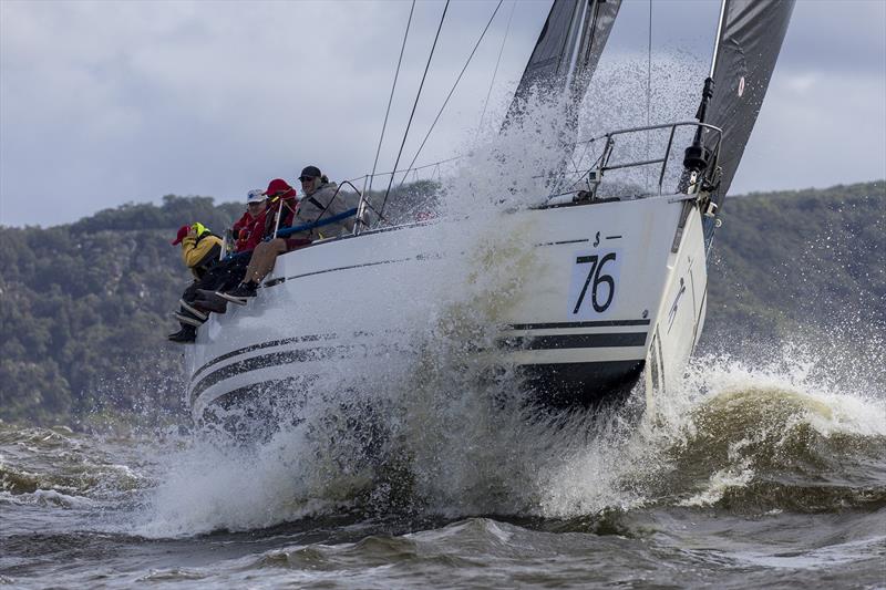 Luna Blue launches off a wave during the Club Marine Pittwater to Coffs Harbour Yacht Race start photo copyright Andrea Francolini taken at Royal Prince Alfred Yacht Club and featuring the IRC class