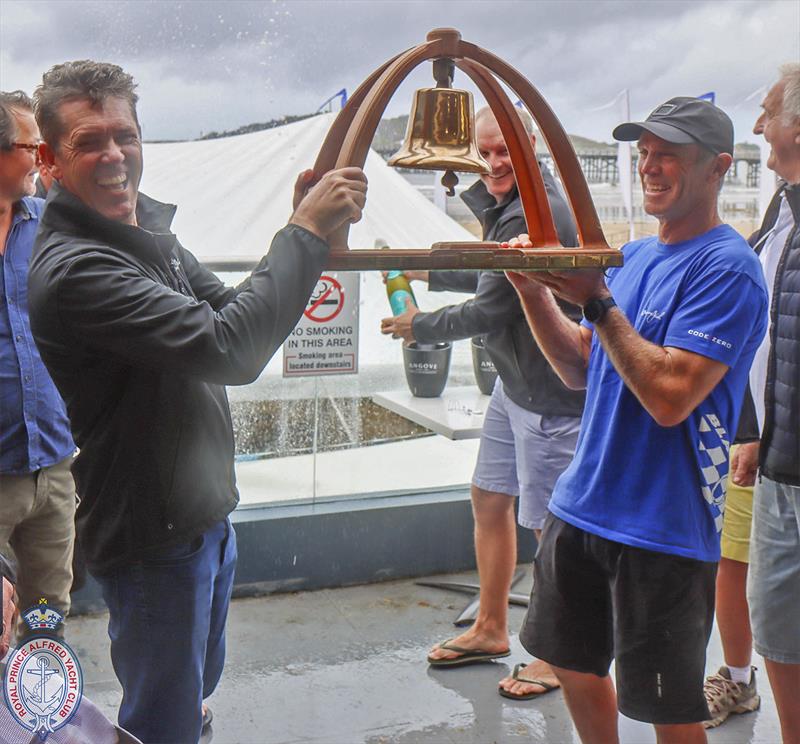 Mark Bradford (left) and Adam Beashel hold the line honours trophy aloft photo copyright RPAYC media taken at Royal Prince Alfred Yacht Club and featuring the IRC class