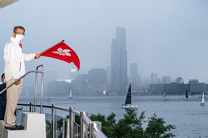 The Honourable Paul Chan Mo-po, GBM, GBS, MH, JP Financial Secretary of the Government of the Hong Kong Special Administrative Region officiated the first start of the race - HKSAR 25th Anniversary Sailing Cup photo copyright Panda Man / Takumi Images taken at Royal Hong Kong Yacht Club and featuring the IRC class