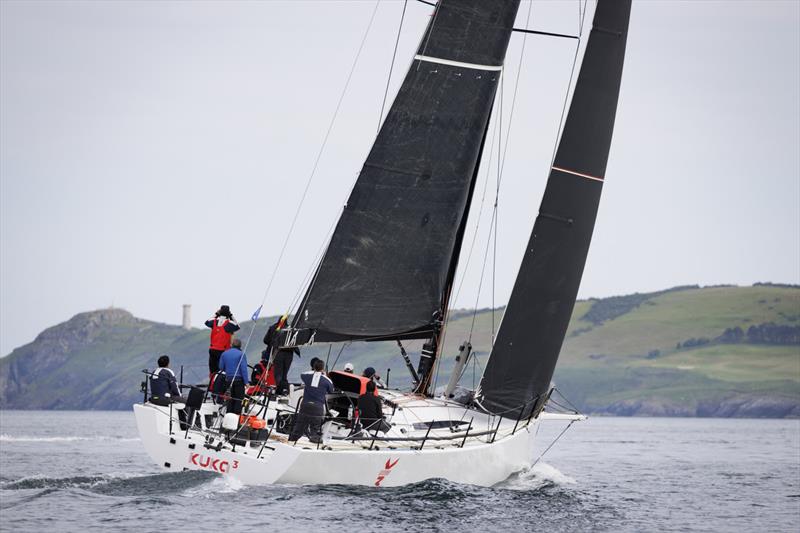 Franco Niggeler's Kuka3 arrives at the Wicklow finish of the SSE Renewables Round Ireland Race to take line honours photo copyright David Branigan / Oceansport taken at Wicklow Sailing Club and featuring the IRC class