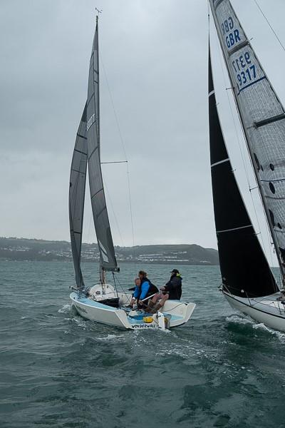 Golwg y Mor Keelboat Regatta at New Quay YC: Wonderwall frees off to squeeze in front of Katabatic at the pin end photo copyright P Thomas taken at New Quay Yacht Club and featuring the IRC class