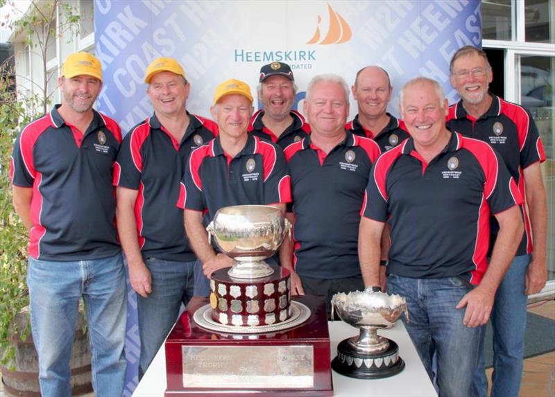 Enchantress crew (John Willoughby centre back blue cap - John Muirhead third from left) celebrate overall 2010 Melbourne to Hobart victory - photo © ORCV