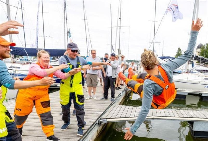 Skipper Salla Kaven is thrown in the water!  photo copyright Pepe Korteniemi / www.pepekorteniemi.fi taken at Royal Ocean Racing Club and featuring the IRC class