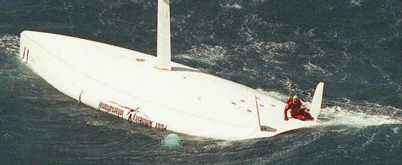 Thierry Dubois waitng to be rescued – Vendée Globe 1996/97 photo copyright Global Solo Challenge taken at  and featuring the IRC class