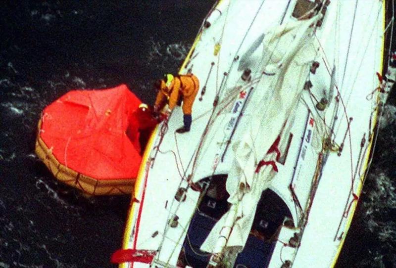 Raphel DInelli about to board his life raft – 1996/97 Vedée Globe photo copyright Global Solo Challenge taken at  and featuring the IRC class