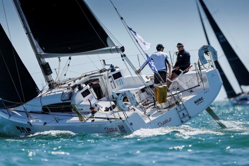 Nick Martin's Sun Fast 3600 Diablo, racing with Cal Finlayson continues to lead the ranking for the double-handed class in the Sevenstar Round Britain and Ireland Race photo copyright Paul Wyeth / pwpictures.com taken at Royal Ocean Racing Club and featuring the IRC class