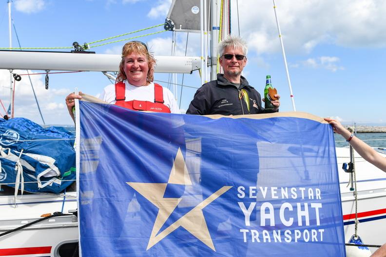 Charlene Howard on her Sun Odyssey 45 AJ Wanderlust - racing with Bob Drummond - after completing the race - Sevenstar Round Britain & Ireland Race - photo © James Tomlinson / RORC