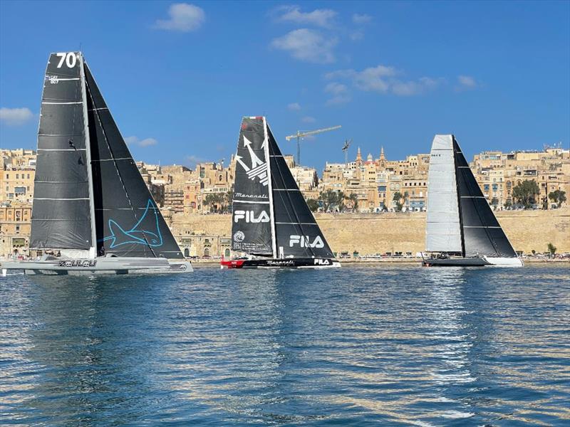 Three record-breaking multihulls will once again lock horns in the RORC Transatlantic Race: (Left) Erik Maris' MOD70 Zoulou (FRA), (Centre) Giovanni Soldini's Multi70 Maserati (ITA) and Frank Slootman's Snowflake (USA) - photo © Thomas Joffrin