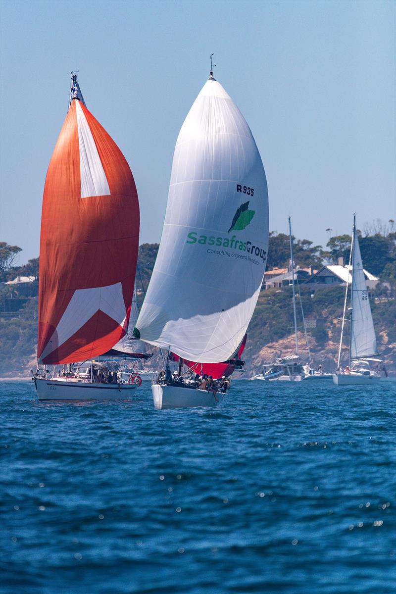 Spinnaker start off Portsea this morning. 49 yachts racing to Hobart - 2022 Melbourne to Hobart Yacht Race photo copyright Michael Currie taken at Ocean Racing Club of Victoria and featuring the IRC class