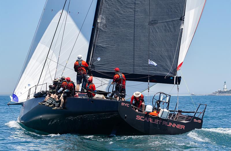 Scarlet Runner leads out throught the heads - 2022 Melbourne to Hobart Yacht Race photo copyright Steb Fisher taken at Ocean Racing Club of Victoria and featuring the IRC class
