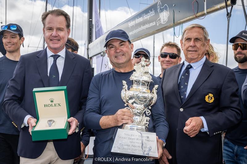 (L-R, foreground): Benoit Falletti, Managing Director of Rolex Australia; Sam Haynes, owner/skipper of Celestial; Arthur Lane, Commodore of the Cruising Yacht Club of Australia photo copyright Rolex / Andrea Francolini taken at Cruising Yacht Club of Australia and featuring the IRC class