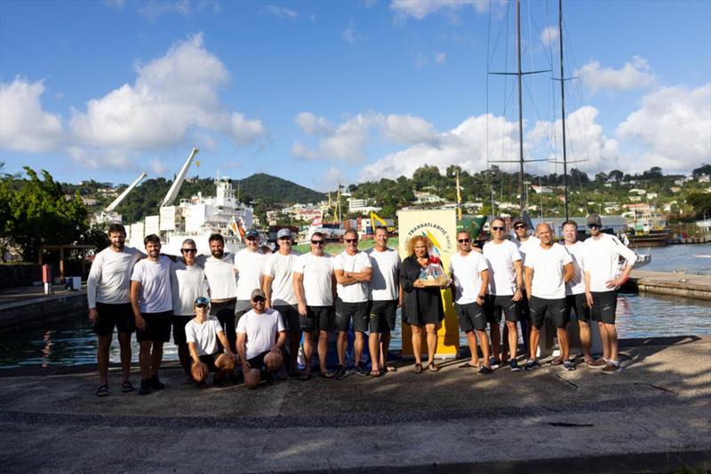 The whole team of Swan 115 Jasi is welcomed to Grenada by Petra Roach, CEO Grenada Tourism Authority - photo © Arthur Daniel / RORC