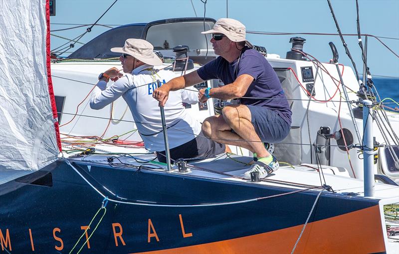 Greg O'Shea (in white) and Rupert Henry (Mistral) are giving the race a good shake - Pittwater to Coffs Harbour Yacht Race photo copyright Bow Caddy Media taken at Royal Prince Alfred Yacht Club and featuring the IRC class