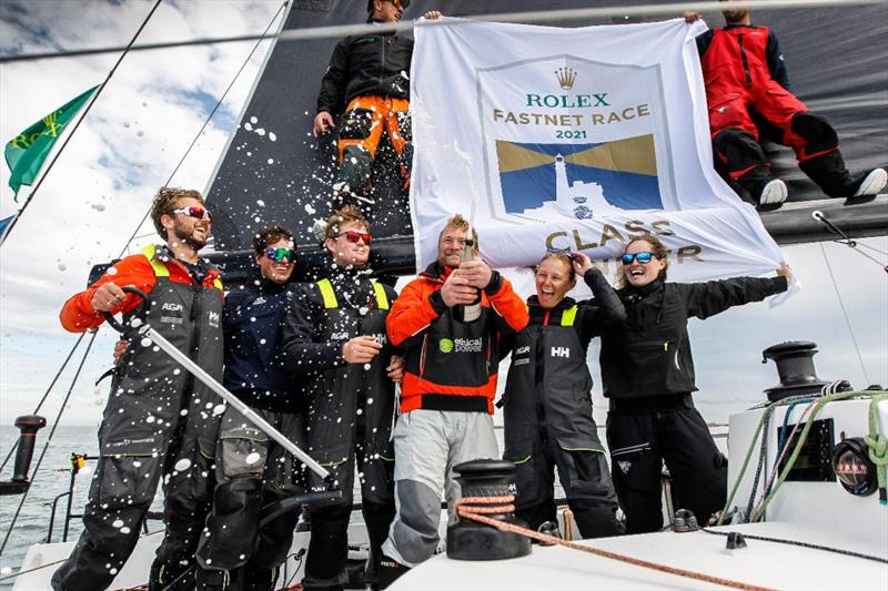 Tor Tomlinson (2nd right) on board Sunrise after finishing the 2021 Rolex Fastnet Race photo copyright Paul Wyeth / pwpictures.com taken at Royal Ocean Racing Club and featuring the IRC class