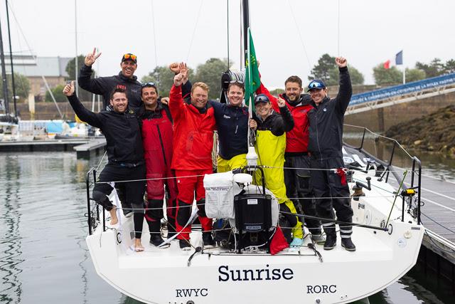 Thomas Kneen and his young crew on the JPK 1180 Sunrise III after finishing the Rolex Fastnet Race photo copyright RORC / Arthur Daniel taken at Royal Ocean Racing Club and featuring the IRC class