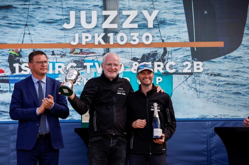 Mairie de Cherbourg-en-Cotentin Benoît Arrivé presents the winners of IRC Two -Thomas Bonnier and David Prono - JPK 1030 Juzzy - with the Foxhound Cup for their class win - photo © Paul Wyeth / pwpictures.com