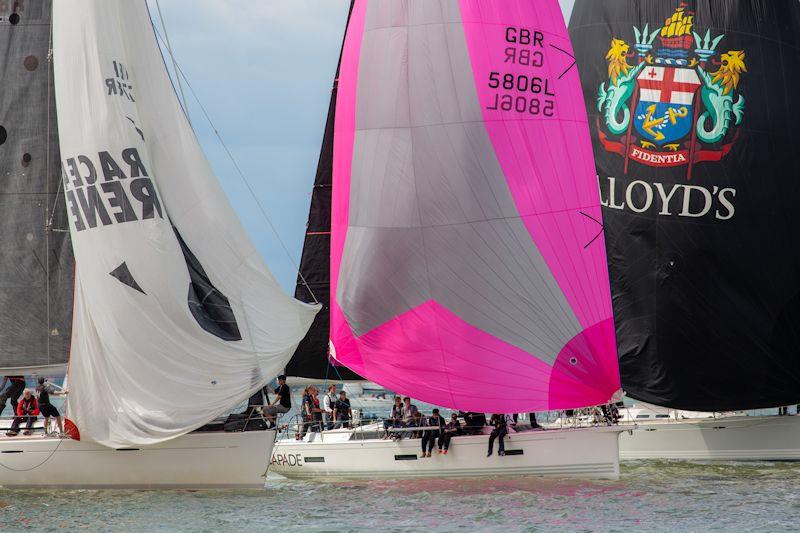 Tide turns, wind drops, big raft-up at Gurnard, 300 yards from Egypt Point - Day 5 of Cowes Week 2023 - photo © Martin Augustus / www.sailingimages.co.uk