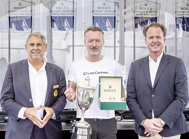 Arthur Lane (CYCA Commodore), Christian Beck (LawConnect owner & skipper) and Benoit Falletti (Rolex Australia) - 2023 Rolex Sydney Hobart Yacht Race photo copyright Kurt Arrigo taken at Cruising Yacht Club of Australia and featuring the IRC class