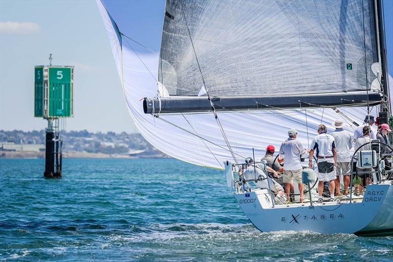 Extasea races up the Passage photo copyright Salty Dingo taken at Royal Geelong Yacht Club and featuring the IRC class